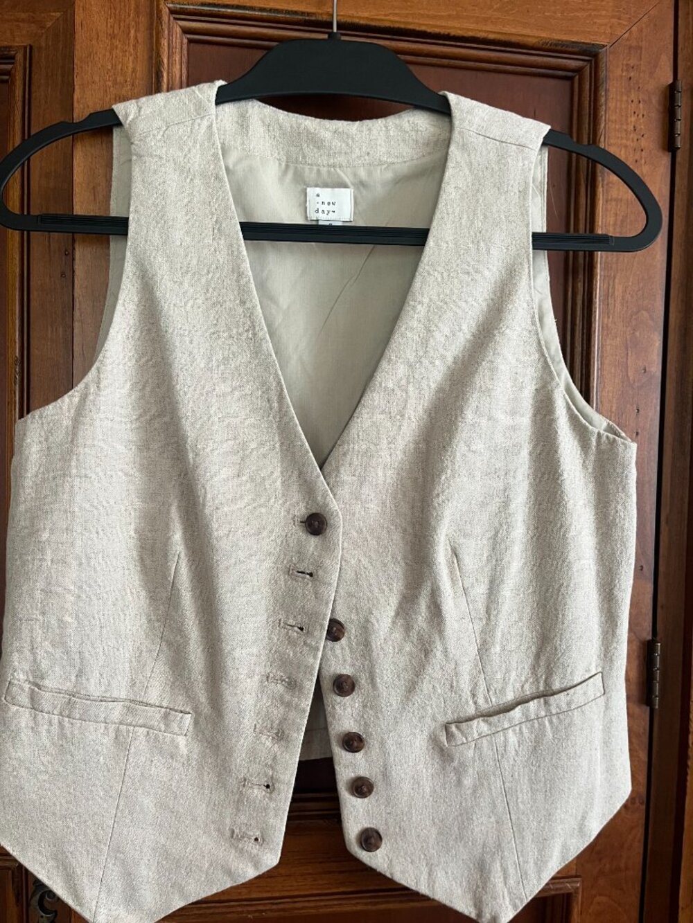 A New Day Linen Blend Button Front Vest Tan Beige S